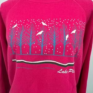 Vintage Hanes Pink Sweatshirt Lake Placid Winter Snow Tree Bird Large‎